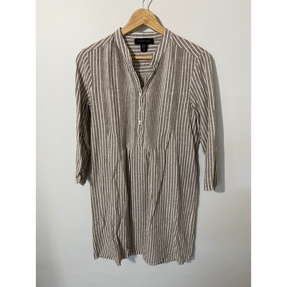 Tahari‎ Women Tan White Striped Linen Blend Tunic Dress Mandarin Collar XS
